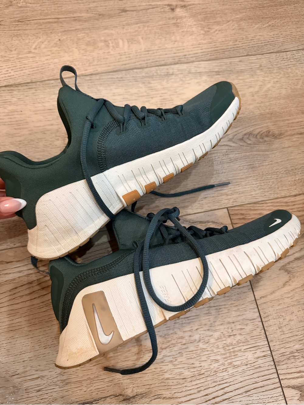 Nike Women's Dark Green and White Sneakers with Gum Accents